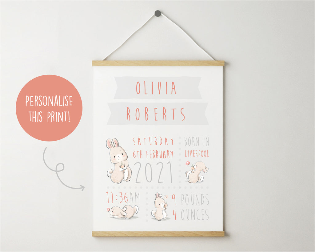 Personalised Bunny Birthdate Nursery Wall Art Print