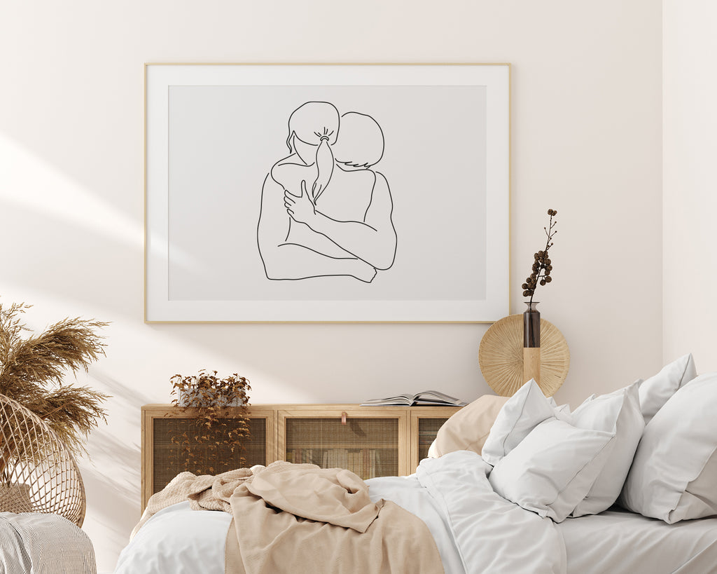 Embracing Couple Line Art Wall Print