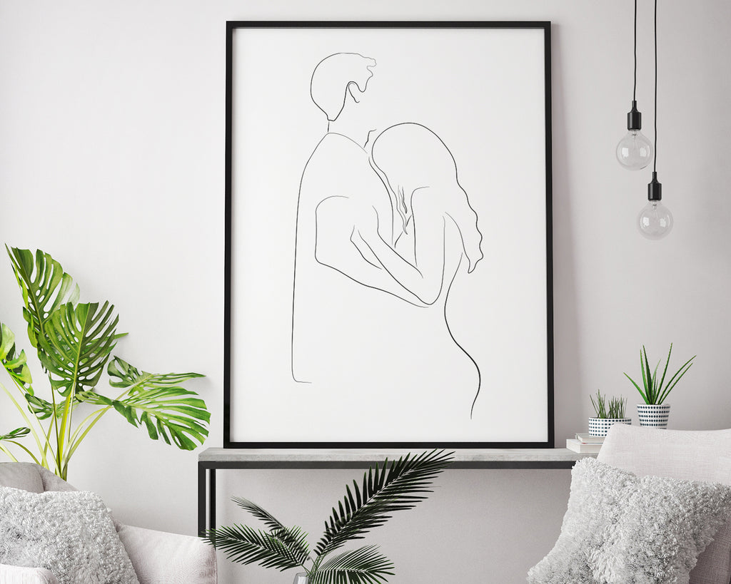 Hugging Couple Line Art Wall Art Print