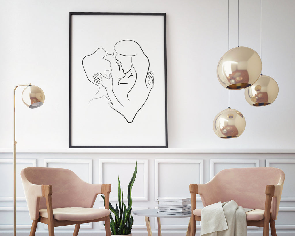 Embracing Couple Kissing Line Art Wall Print