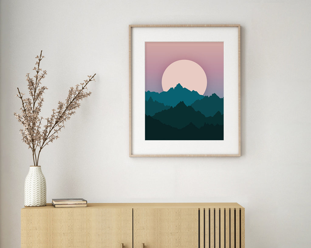 Pastel Mountain Range At Sunset Landscape Wall Art Print