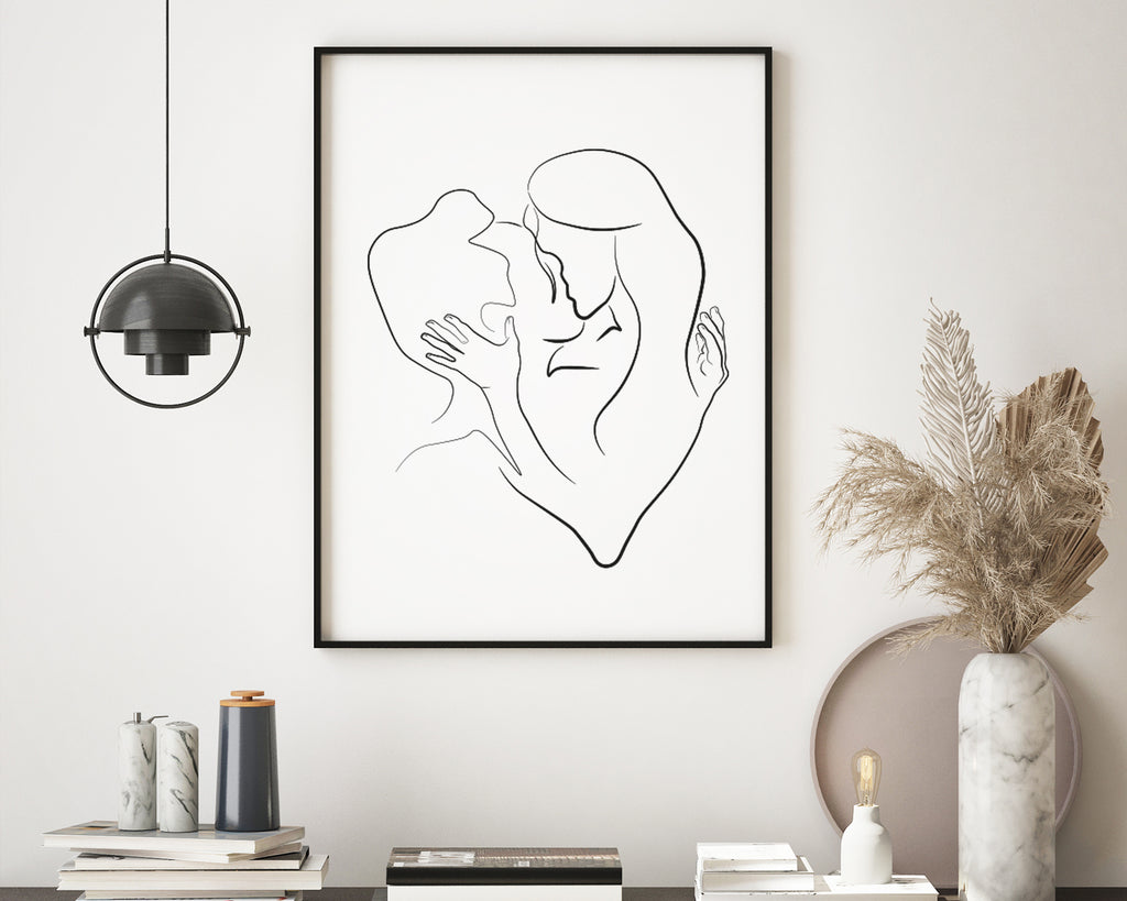 Embracing Couple Kissing Line Art Wall Print