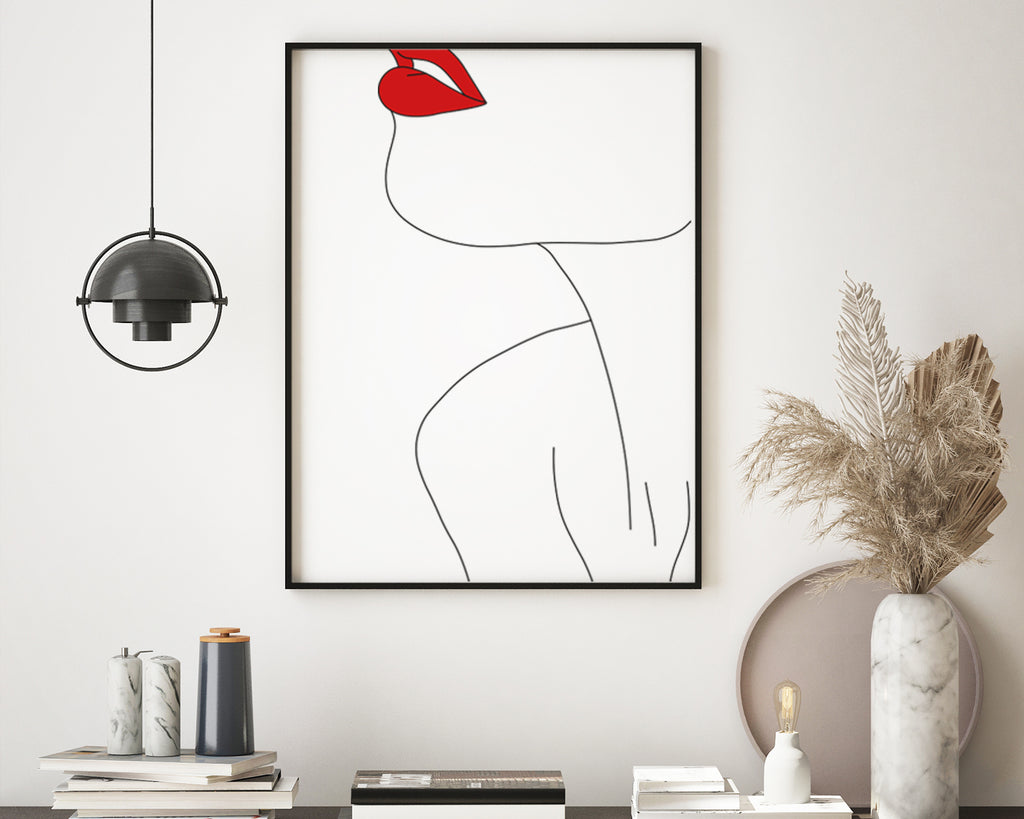 Woman's Red Lips Line Art Wall Print