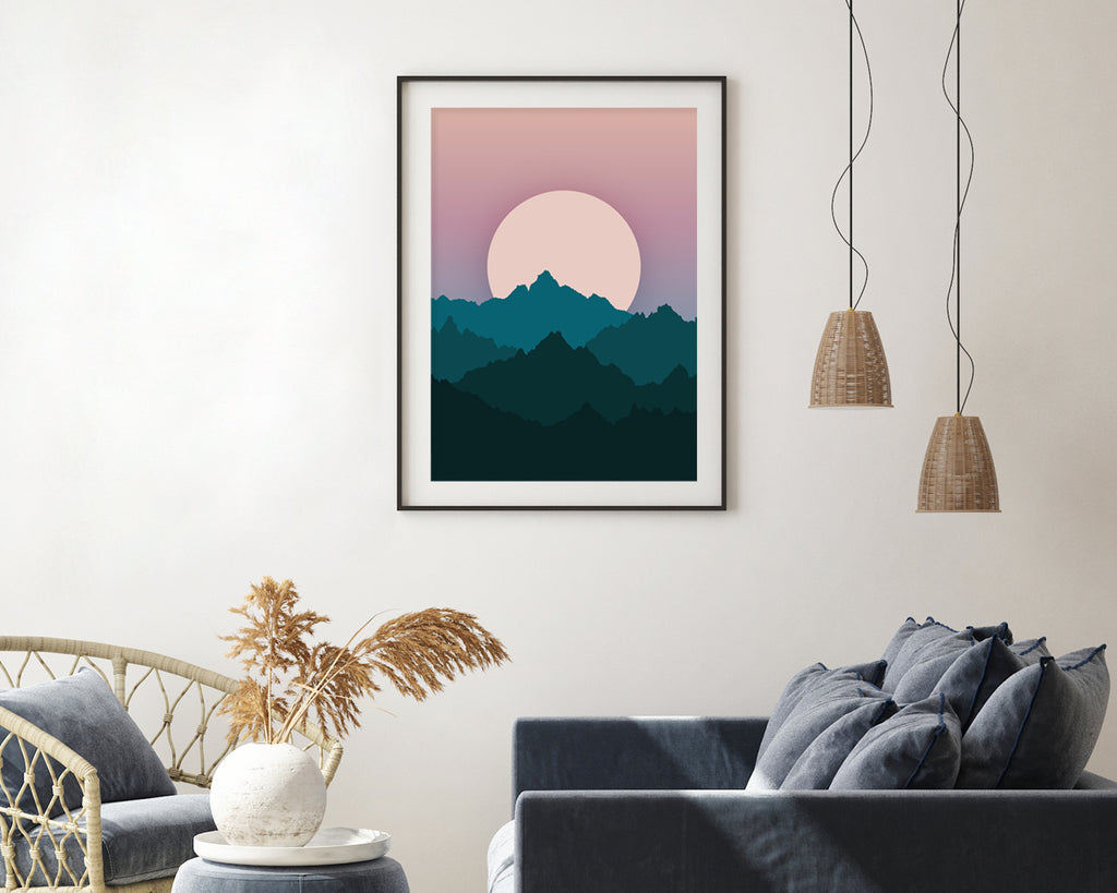Pastel Mountain Range At Sunset Landscape Wall Art Print