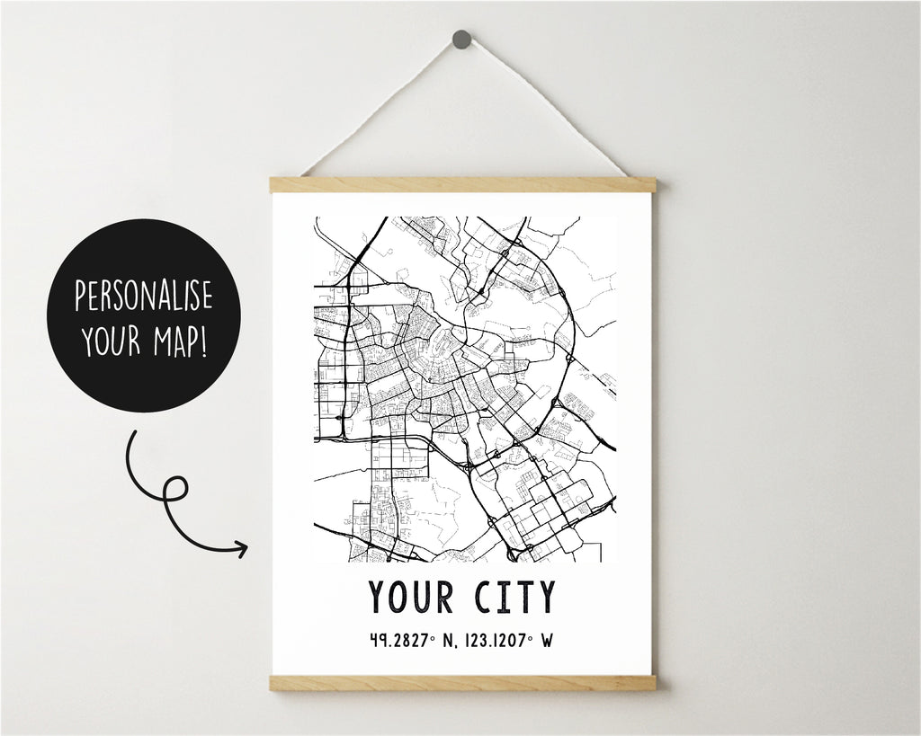 Personalised Monochrome Black & White City Map Travel Poster