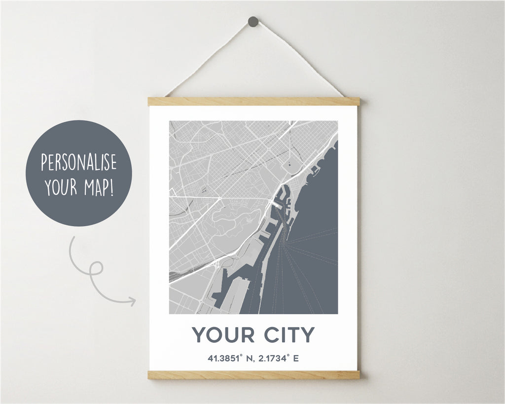 Personalised Grey City Map Travel Wall Art Print