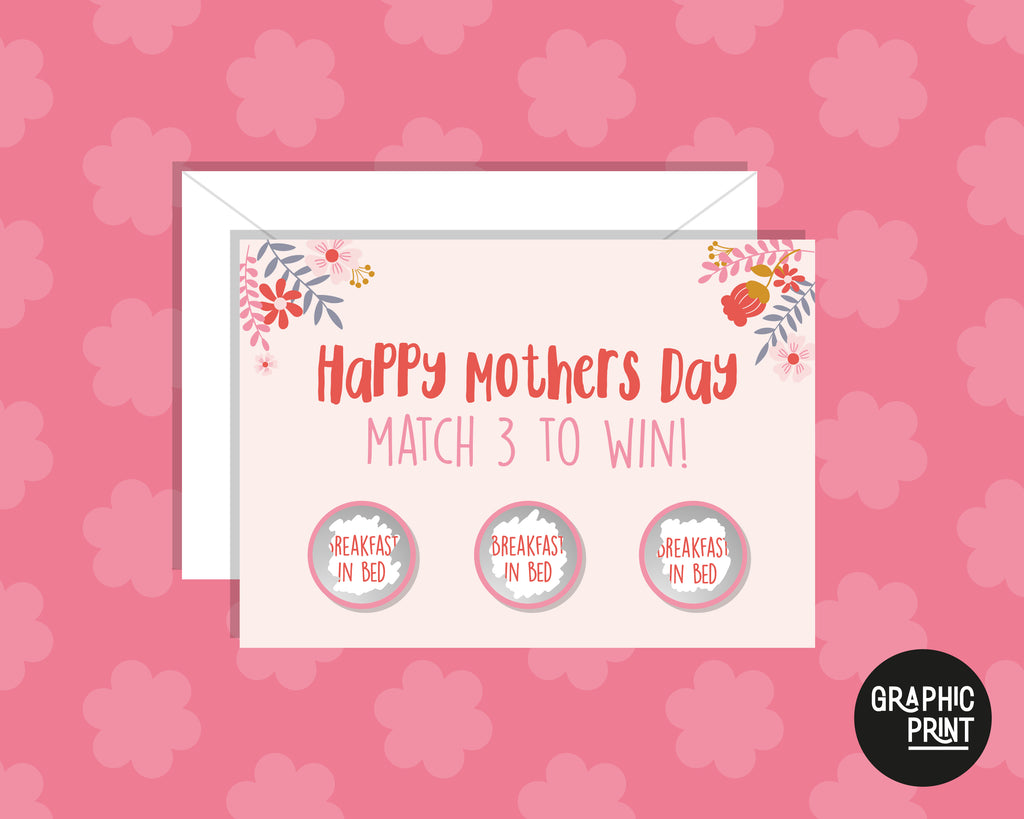 Mother's Day Scratch Card, Match 3 To Win Breakfast In Bed, Happy Mother’s Day Card